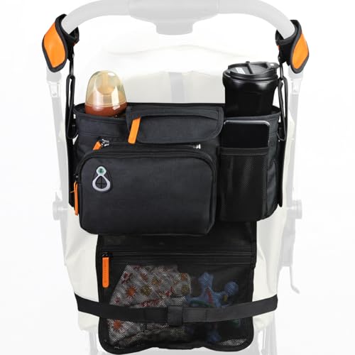 Universal Stroller Organizer with Insulated Cup Holder and Phone Holder Large Pocket Fits Most of Stroller Like Baby Jogger Britax BOB Umbrella Doona (Black)