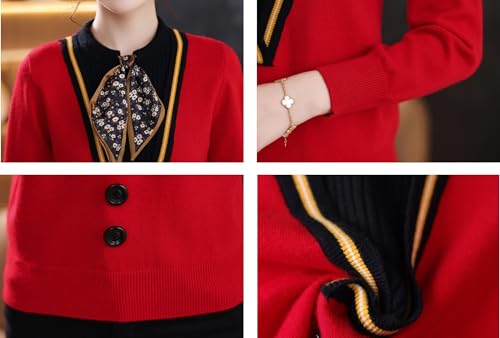 Image of LAI MENG FIVE CATS Women's Fall Tie Neck Sweater Shirt Long Sleeve Patchwork Knit Retro Pullover Tops