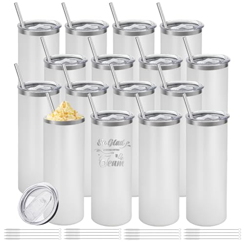 YOUKE OLA 16 Pack Stainless Steel Skinny Tumblers Bulk Straight Double Wall Powder Coated Insulated Tumbler with Lid and Straw for Laser Engrave, DIY Gift, 20oz White