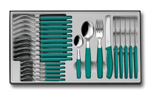 Victorinox Classic Besteck-Set, mit Tafelmesser, Gabel, Löffel, 24-teilig, Extra Scharfe Klinge, Wellenschliff, 11 cm, Rostfreier Stahl, Grün