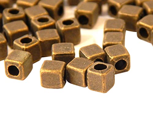 Bronze Spacer Beads, Intermediate Parts, Brass Metal Beads, 4 mm Cube, Hole 2 mm for Leather Band Cord, Jewellery Beads