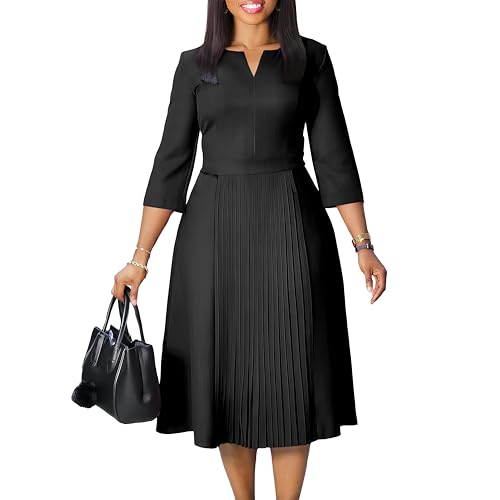 Elegant Church Dresses for Women 2025 3/4 Sleeve Vintage Ruffle A-line Pleated Dress V Neck Business Casual Work Outfits