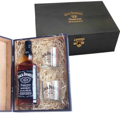 Kit Whisky Jack Daniels 1 Litro + 2 Copos De Vidro + Caixa MDF
