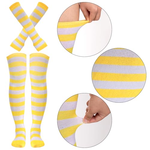 Image of Tongcloud Women's Striped Knee High Socks, Over Knee Thigh High Socks, Arm Warmer and Fingerless Gloves Set