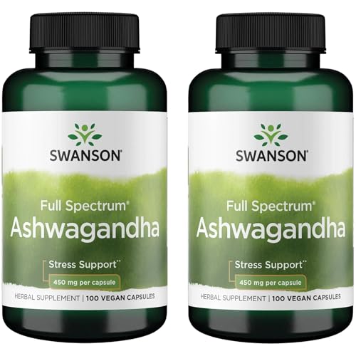 Image of Swanson Ashwagandha Powder Supplement - with Ashwagandha Root to Promote Stress Relief & Energy - Ayurvedic Supplement for Natural Wellness (100 Capsules, 450mg Each) 2 Pack