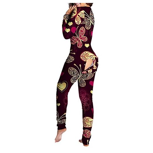 FEOYA Jumpsuit dam butt button back flap onesie jumpsuit dam festival karneval pyjamas dam onepiece sparkdräkt dam pyjamas stor storlek S–3XL, Vinröd, S