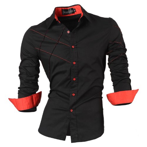 jeansian Hommes Mode Casual Chemises Manche Longue Men's Fashion Business Formal Dress Shirt Slim Tops 2028 Black L