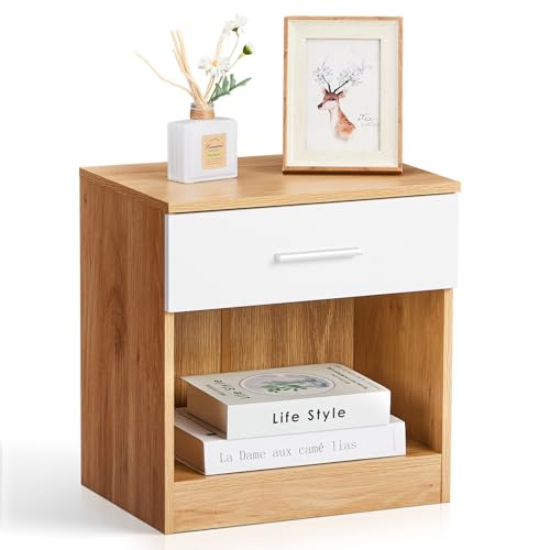 TactFire Table de Chevet, Table de Nuit, Commode Chambre avec 1 Tiroir, Convient pour Salon, Chambre, 39 x 29 x 41 cm (1, Chêne &amp; Blanc)