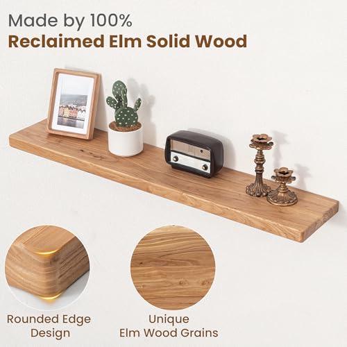 Image of Floating Shelves for Wall, 40 inchWx8 inchD Rustic Solid Elm Wood Floating Shelves Wall Mounted, Round Edge Wall Shelves with Invisible Bracket for Living Room Bathroom Bedroom Kitchen, Set of 2, Natural