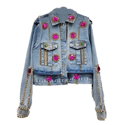Dawery Women Denim Coat Patch Big Crystal Embroidered Flares Rivet Blue Bomber Jackets Spring Autumn Cropped Tops
