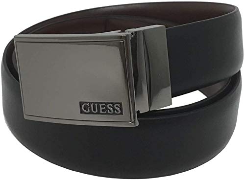 GUESS Men's Reversible Plaque Buckle Belt, Black/Brown, Large