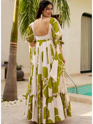 Image of Modestouze Attires Women's Floral Pattern Rayon Blend Maxi Dress with Sweetheart Neck Half Puff Sleeve Floor Length and Zipper Closure Type | Maxi Dress for Women Stylish | Dress for Women
