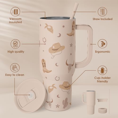 Image of SANDJEST Cowgirl Tumbler 40oz for Women Girls - Stainless Steel Travel Coffee Mug Cup with Handle and Straw, Gift for Birthday Christmas