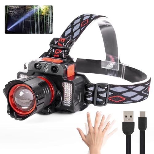 LED Headlamp Rechargeable, 90000 Lumens Super Bright Headlamp with 3+2Modes, Head Lights for Forehead, headlamps for adults with USB Rechargeable Zoom head lamps ,135°Adjustable, IPX6 Waterproof