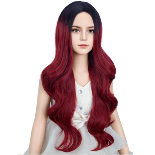 DUDUWIG Black Ombre Red Wig Adult Middle Part Wig Long Black Red Wavy Curly Wig for Heat Resistant Synthetic Wig with Wig Cap