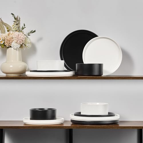 Image of E-far 12-Piece Plates and Bowls Sets, Stoneware Dinnerware Dishes Sets for 4, Chip & Scratch Resistant Ribbed Dish Set for Home Restaurant, Microwave & Dishwasher Safe Speckled White & Matte Black