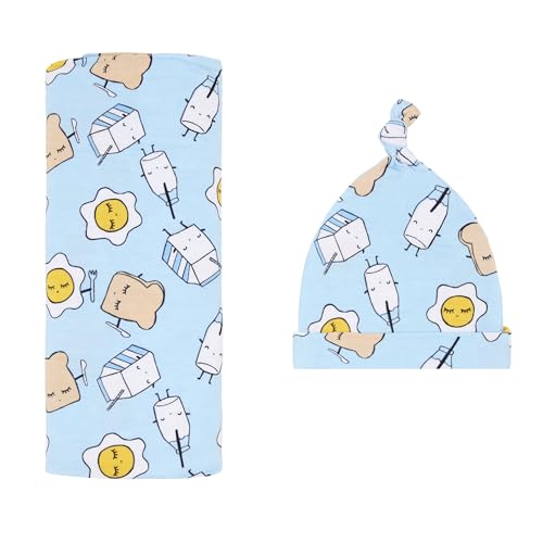 Image of Little Sleepies Swaddle & Hat Set, Baby Swaddles Newborns, Soft Viscose from Bamboo Swaddle Blanket Wrap (Blue Breakfast Buddies)