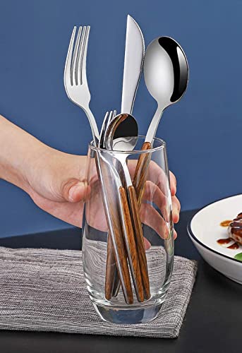 Image of Gold Flatware Matte Wooden Handle Stainless Steel Tableware Sets for 3 Including Forks Spoons Knives, Camping Silverware Travel Utensils Set Cutlery(Silver, Set of 15)