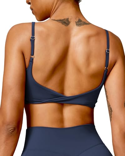 Image of QUOJIZY Sports Bras for Women Open Back Workout Tops for Women Yoga Bra Spaghetti Straps Twist Back