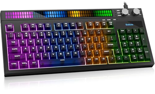 SABLUTE Quiet Gaming Keyboard with Sound-Sync RGB LED Display, 94-Key Wired PC Gaming Keyboards for Pro Gamers, Tactile Mechanical Feel, Anti-Ghosting, Volume Control Knob for PS5/Xbox/PC, Black