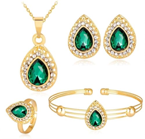 QKEPCY Water Drop Necklace Earrings Ring And Bracelet 4 Piece Beautiful Rhinestones Pendant Necklace Elegant Chic Wedding Banquet Jewelry Set Suitable for Women Bridal (Green)