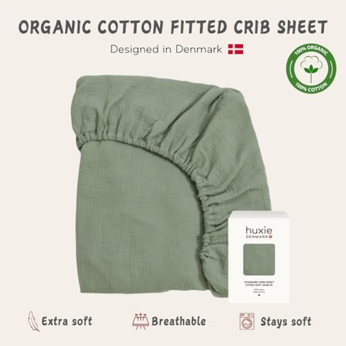 Image of Crib Sheets - Organic Cotton Muslin Fitted Crib Sheet - Standard Size for Baby Boys 28 inch x 52 inch Ultra-Soft and Breathable. (Roman Green)