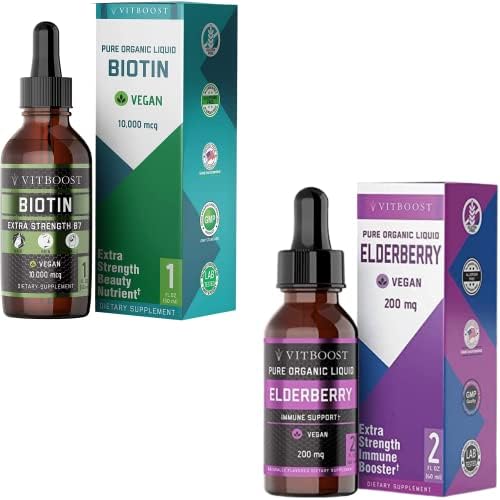 VITBOOST Extra Strength 10,000mcg Biotin Liquid Drops with Organic Berry Flavor | Vegan Formula for Hair, Nails, Healthy Skin Extra Strength Vegan 200mg Organic Elderberry Syrup for Kids & Adults
