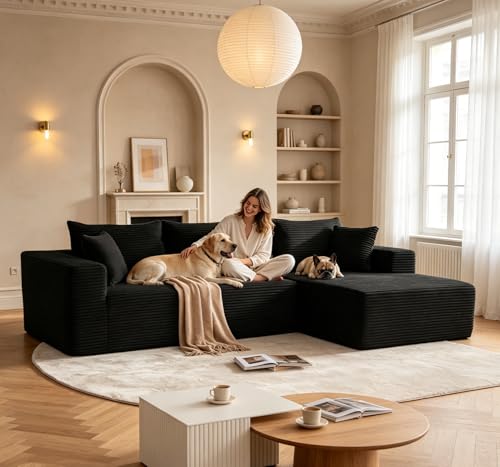 Image of Mangodan 110 inch Cloud Sectional Couch, Boneless Sofa for Living Room, Modular Sectional Sofa with Deep Seat, Comfy Fluffy Couch with L-Shaped Chaise, No Assembly Required (Right-Facing Chaise, Black)
