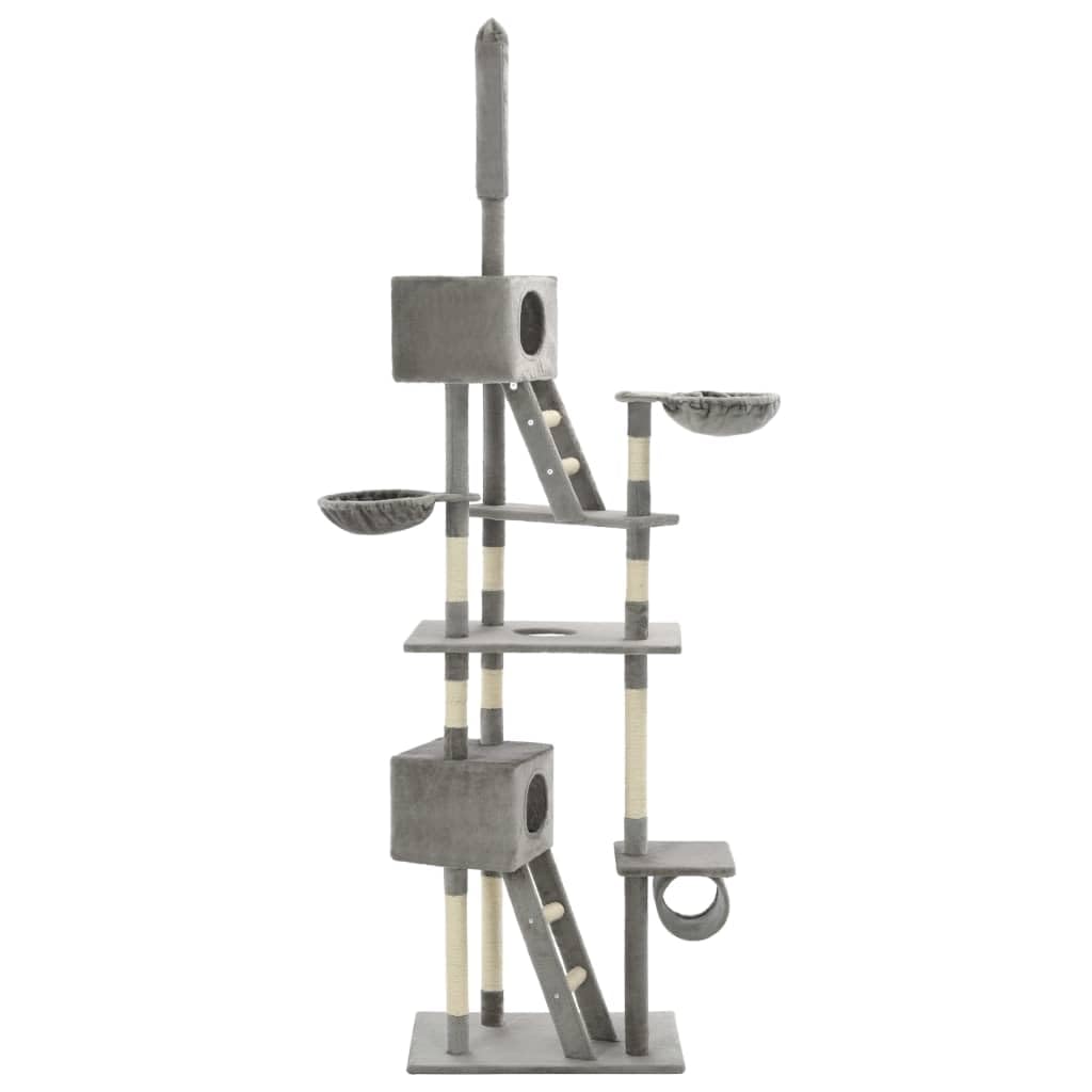 Katzen-Kratzbaum Sisal 230-260 cm Grau mit Kratzmöbel, Kratztonne, Kratzbrett, Plattform, Höhle und Liegefläche für Klettern, Kratzen, Spielen und Ruhen in Wohnung, Balkon, Zimmer