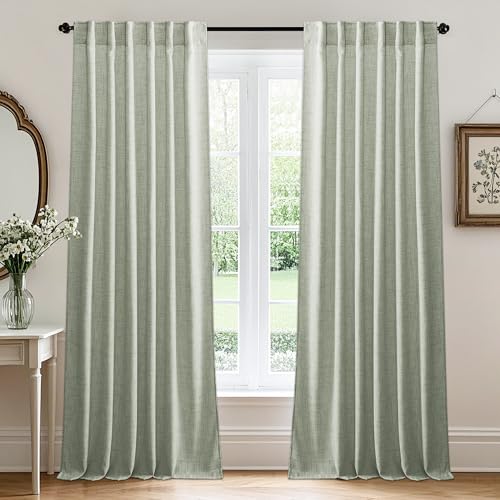 Image of RYB HOME Linen Sheer Curtains and Drapes for Living Room and Dining Room 90 inches Length, Breathable Back Tab/Rod Pocket Semi Sheer Curtains, Sage Green, W 52 x L 90 inches, 2 Panels Set
