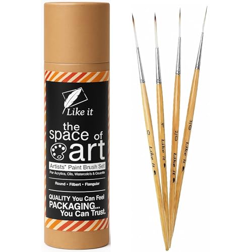 Like it Long Liner Detailing Paint Brushes Set 4pc Synthetic Hair Fine Pointed Rigger Script Brushes Sizes 000, 00, 0,1 for Watercolor Oil Acrylic Gouache Includes Brush Holder