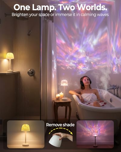 Image of Waterproof Shower Mood Lamp with Ocean Wave Projector, Outdoor Table Lamp | 16 Colors, Cordless, USB-C Rechargeable, Remote & Touch Control, LED Bathroom Lamp for Inside Shower, Bathtub, Relaxing Spa
