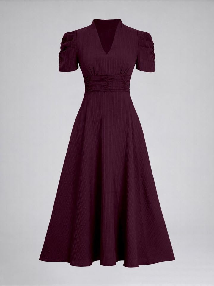 Image of Women's Solid Color V-Neck A-Line Maxi Stylish One Piece Long Midi Dress Party Outfit | Waist Cinched Puff Sleeve Elegant Casual Dresses for Women