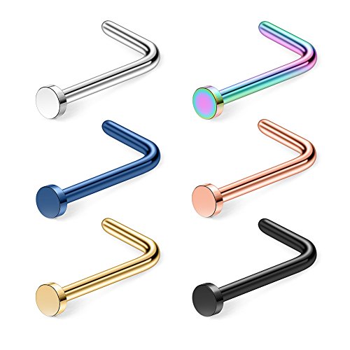 Ruifan 18G 316L Surgical Steel Nose Stud L Shaped Ring with 2MM Flat Top Piercing Jewelry 6PCS - Mix Color