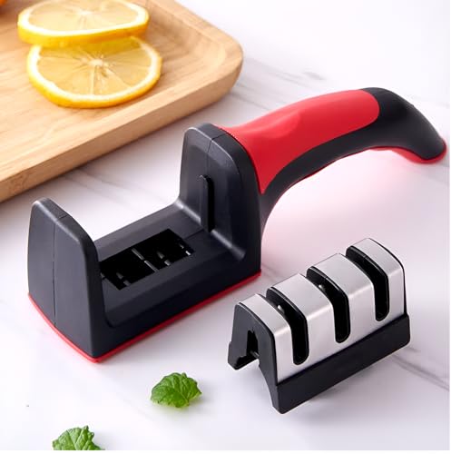 Image of Professional Kitchen Knife Sharpener with 3-Stage Sharpening System, Ergonomic Red Handle, Black (1, 3-Stage)