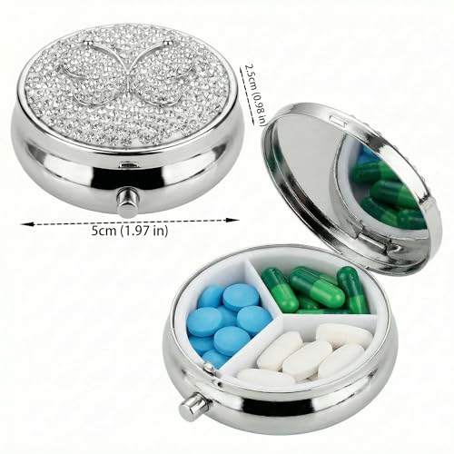 Image of Medicine Organizer Box Butterfly Pocket Pharmacy Bling Travel Pill Case Box for Purse Mini Pill Holder Organizer Small Pills Container for Vitamin(White)