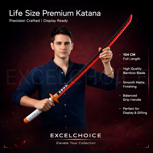 Image of Demon Slayer Rengoku Katana /Sword Toy 104cm Life Size - Bamboo Wood Rengoku Anime Flame Hashira Katana 2026 (Stand Included-Single Layer) Perfect for Anime Gift
