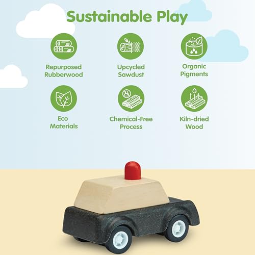 Image of PlanToys Police Car Wooden Montessori Vehicle Kids Indoor Outdoor Play Toy | rolling wheels, police car toy, girls, boys, imaginative early movement, practical life fine motor gift preschool learning