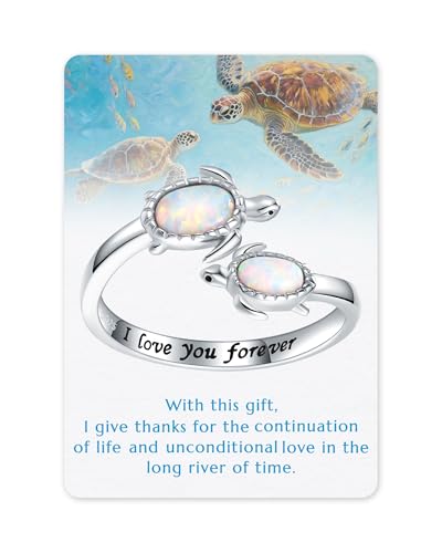 925-Sterling-Silver Opal/Turquoise Sea Turtle/Dolphin/Sea Life Ring - Inspirational I Love You Forever Adjustable Open Nature Ocean Mother Daughter Ring Cute Animal Jewelry Gifts for Women