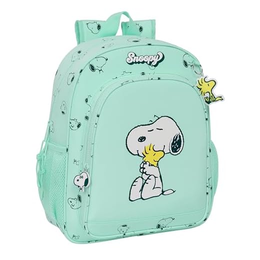 SNOOPY GROOVY - Mochila Escolar Niño, Mochila Infantil, Adaptable a Carro, Ideal para Niños en Edad Escolar, Cómoda y Versátil, Calidad y Resistencia, 32x12x38 cm, Color Verde Agua
