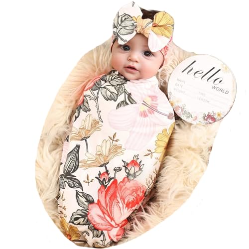 Galabloomer Newborn Receiving Blanket Headband Set Flower Print Baby Swaddle Blankets (Garden Flower)