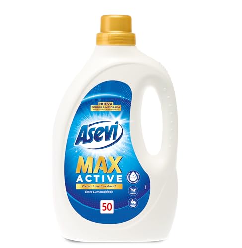 Asevi Detergente Líquido para Lavadora Max Active - Detergente Hipoalergénico Concentrado Ropa Blanca y de Color - Poder Quitamanchas y Extra Luminosidad para una Ropa Limpia y Cuidada - 50 Lavados