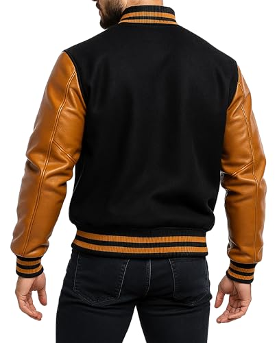 Image of Men's Varsity Jacket Faux Leather Sleeve Wool Blend Letterman Jacket - High School Baseball Bomber Jackets for Men