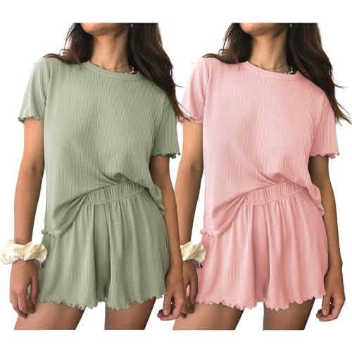 Image of Ekouaer 2 Packs Women Pajama Set Short Sleeve Sleepwear Soft Top and Shorts | Casual Pjs Outfits Ribbed Knit Lounge Set with Pockets