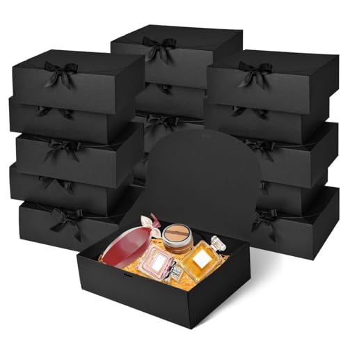 WLUSEAXI 12Pack Black Gift Boxes with Lids, 12×9.8×3.1 Inch Groomsmen Proposal Box, Luxury Black Gift Box with Ribbon for Bridesmaid Box, Graduation, Christmas, Wedding, Birthday, Party