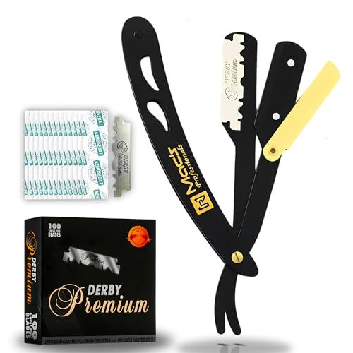 PROFESSIONAL B&G STRAIGHT Edge SHAVING RAZORS,with Black Premium Derby 100 Count Blades-Easy Blades Replacement Mechanism-100% Stainless Steel Macs-049BGP1 (B & G with Black Premium Blades)