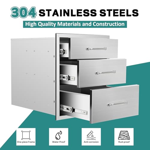 Image of Outdoor Kitchen Drawers 18 inch W x 21 inch H x 23 inch D Stainless Steel Drawer BBQ Triple Drawers with Chrome Handle for Outdoor Kitchen Island, Patio Grill Station