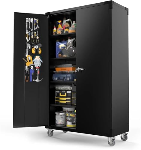 DTYBJN Estante De Almacenamiento Gabinete de Almacenamiento de Garaje Ancho y Profundo, de Metal, con tableros Perforados, Ruedas, Puertas con Cerradura y estantes Ajustables. Bolsa portaherramientas