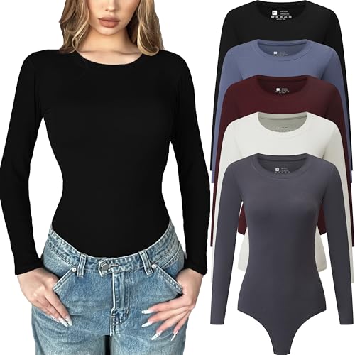 Chongbaijia Langarm-Body für Damen, Rundhalsausschnitt, lässig, dehnbar, Basic-T-Shirt, Bodysuits, Oberteile, 5 Stück, M