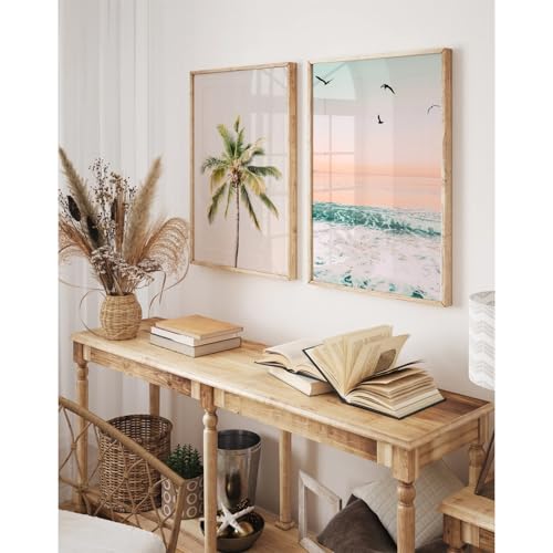 Image of Pastel Beach Wall Art Decor Coastal Ocean Pictures Wall Art Tropical Palm Tree Canvas Prints Pastel Beach Poster Coastal Ocean Artwork Painting for Bathroom Room 16x24 Inch Unframed Set of 2